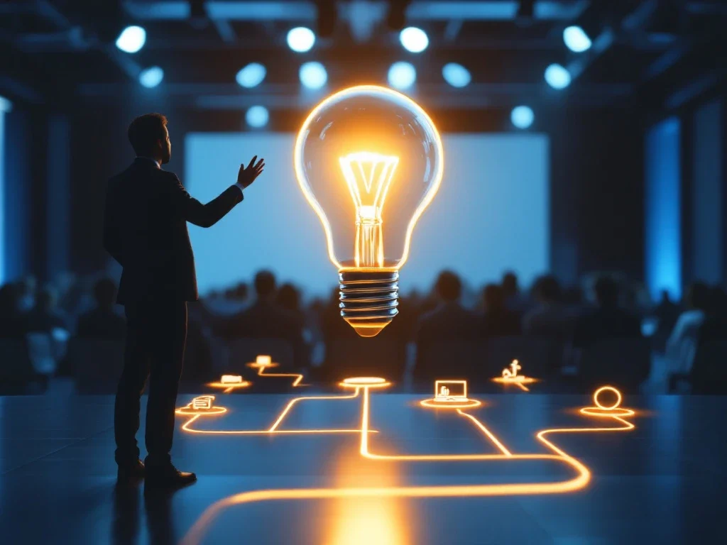"Spreker op podium met lichtgevende gloeilamp als innovatiesymbool