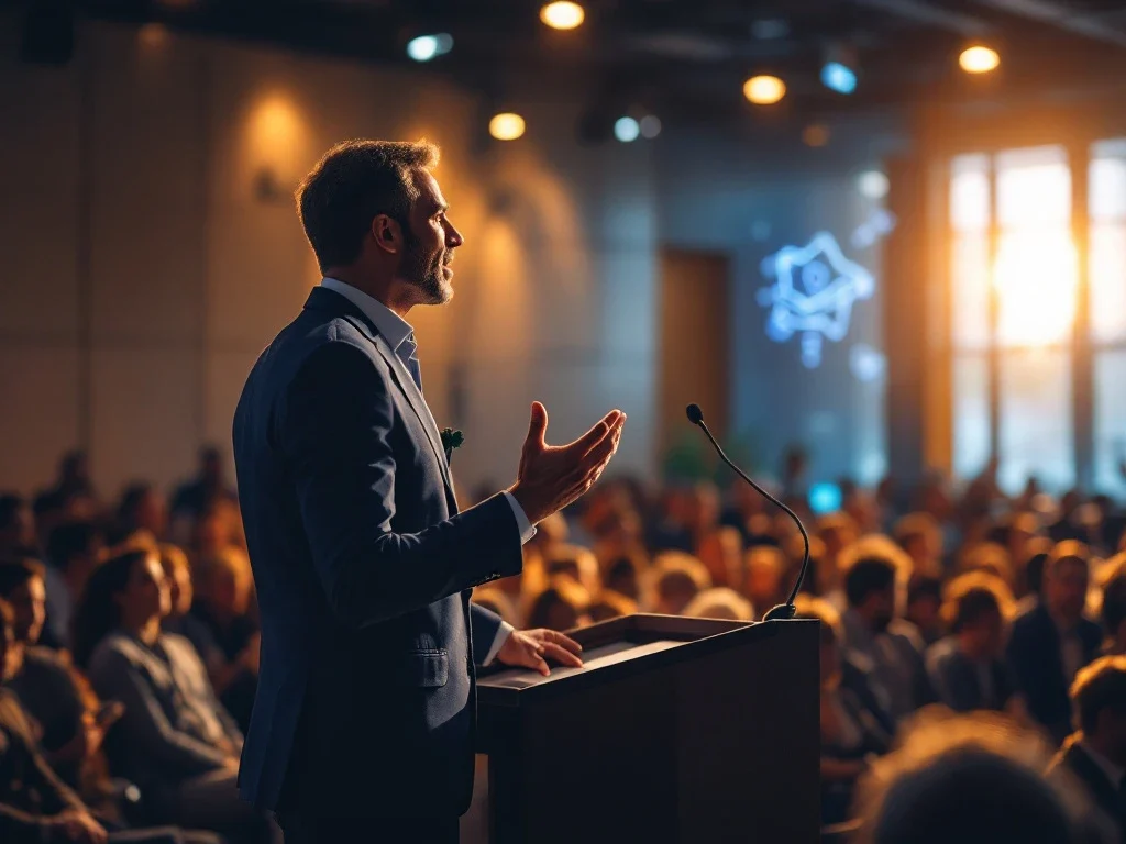 Een charismatische spreker bij een conferentie