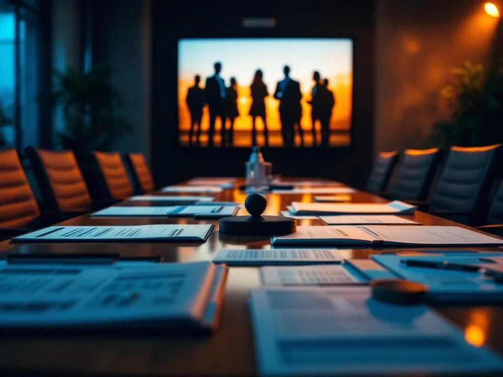 Conferentietafel met sprekerprofielen en evaluatiedocumenten