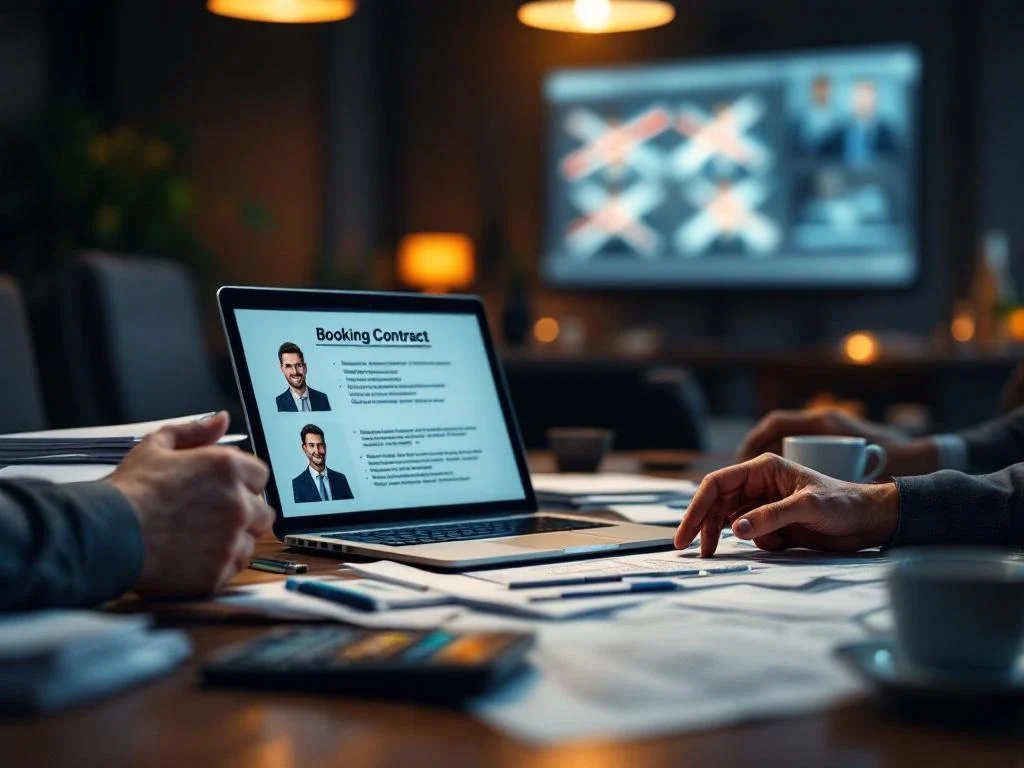 Gefrustreerde professional gebaart over contracten tijdens vergadering met laptop