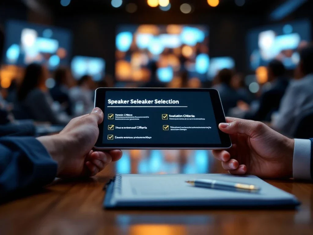 Professionele handen met tablet die sprekersselectie-interface toont