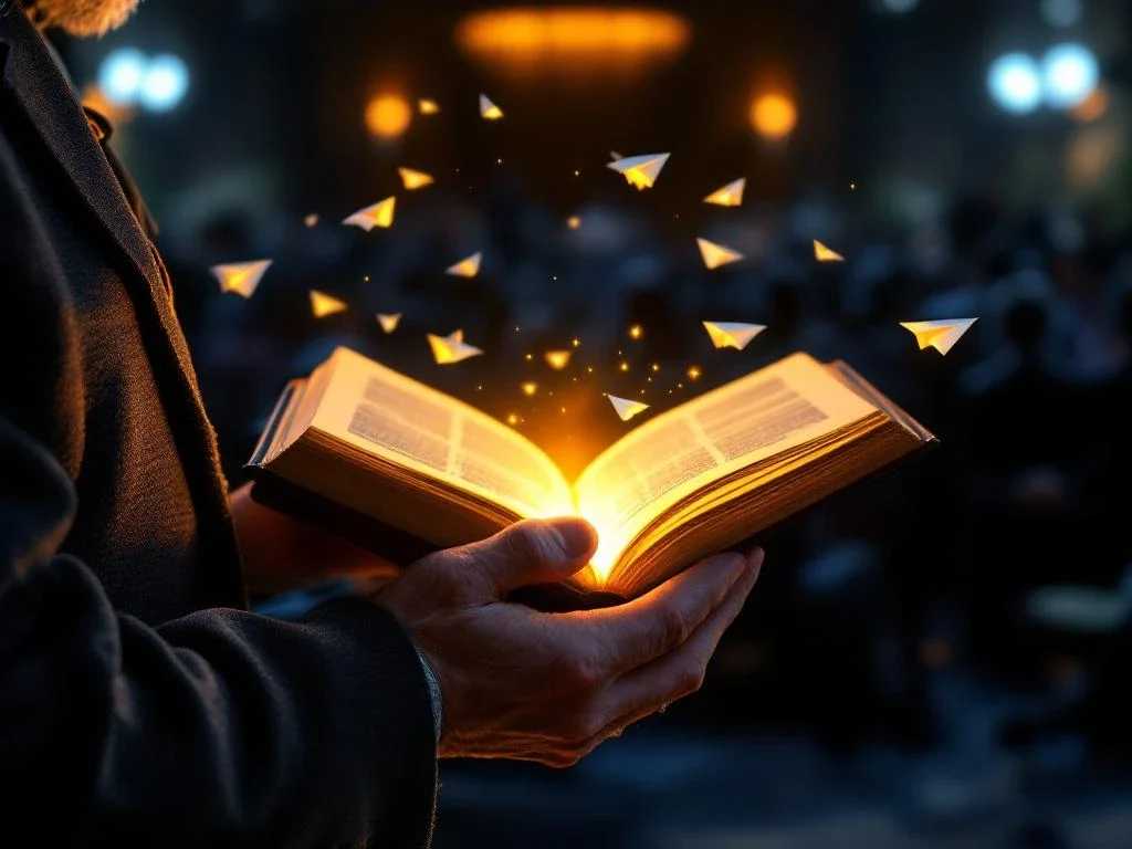 Verweerde handen houden gloeiend boek vast met gouden licht
